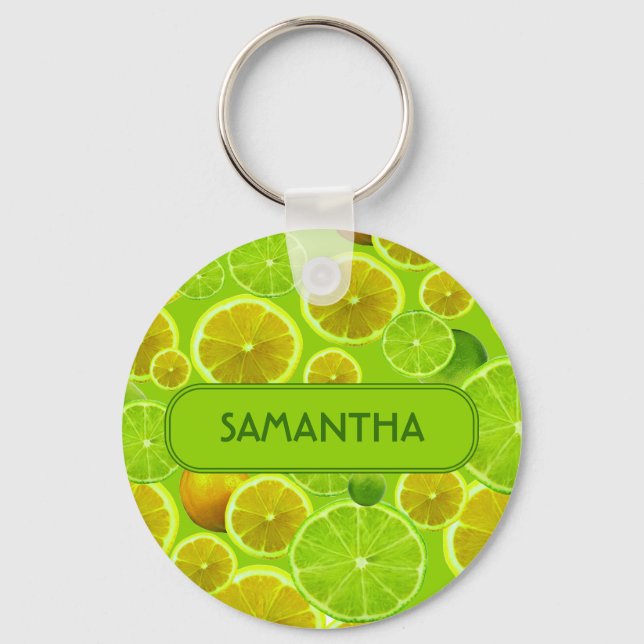 Citrus Fruit, Lemon & Lime Pattern - Personalised Key Ring (Front)