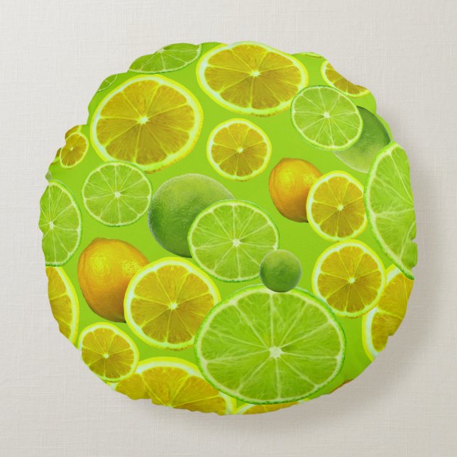 Citrus Fruit, Lemon & Lime Patterned Round Cushion (Front)