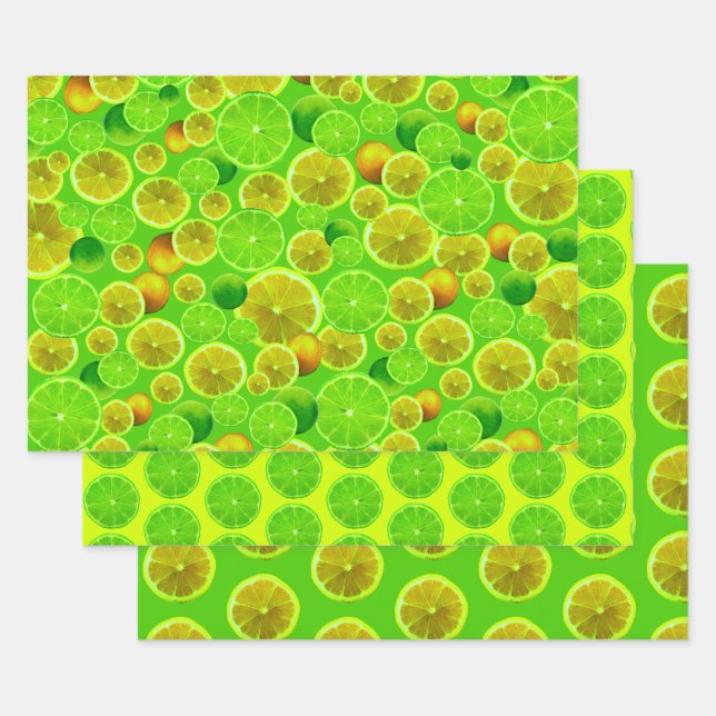 Citrus Fruit, Lemon & Lime Patterned Wrapping Paper Sheet (Set)
