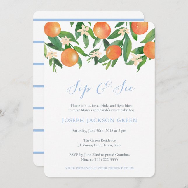 Citrus fruit Sip and See party; meet new baby boy Invitation (Front/Back)