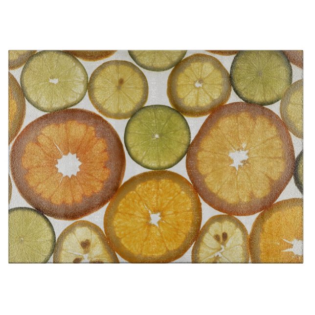 Citrus fruit slices orange green yellow white cutting board (Front)