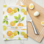 Citrus Fruits Art Oranges and Lemons Patten Tea Towel<br><div class="desc">Beautiful and realistic watercolor citrus fruits pattern featuring oranges,  lemons,  citrus fruits leaves and lovely blossoms with a name label.
Personalise by changing the name or customise further to add your own touch.</div>