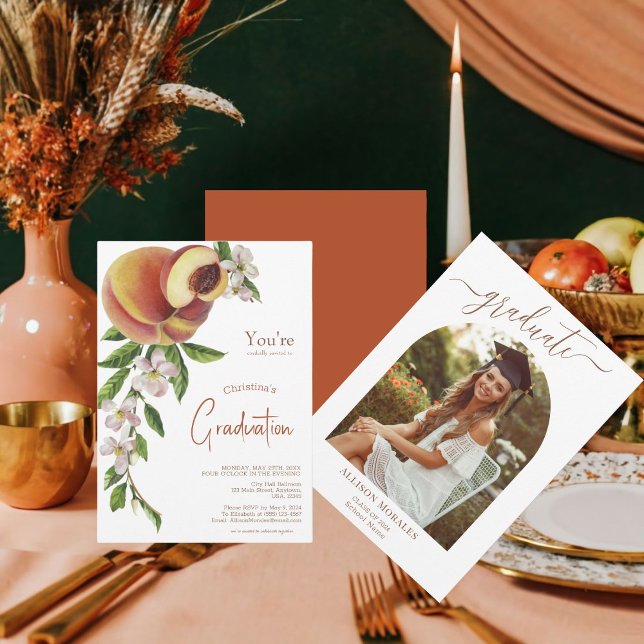 Citrus Fruits Floral Peach Photo Graduation Invitation (Create a Unique Graduation Invitation with Citrus Fruits and Floral Design!)