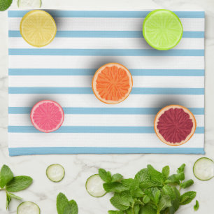 Citrus Fruits on Baby Blue Stripes Pattern Tea Towel