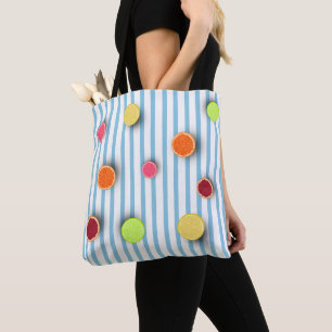 Citrus Fruits on Baby Blue Stripes Pattern Tote Bag