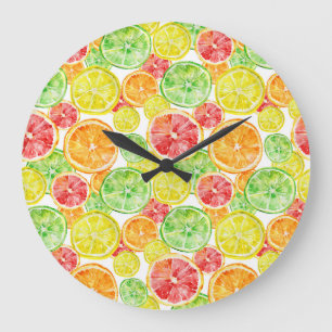 Citrus fruits: vibrant three-colour watercolor pat large clock