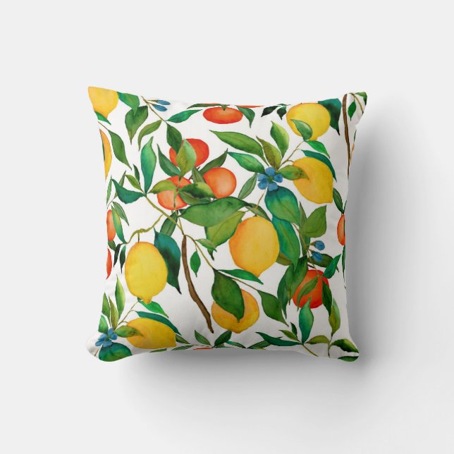Citrus fruits, vibrant watercolor pattern. cushion (Front)