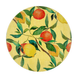 Citrus fruits, vibrant watercolor pattern. cutting board