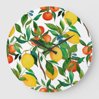Citrus fruits, vibrant watercolor pattern. large clock