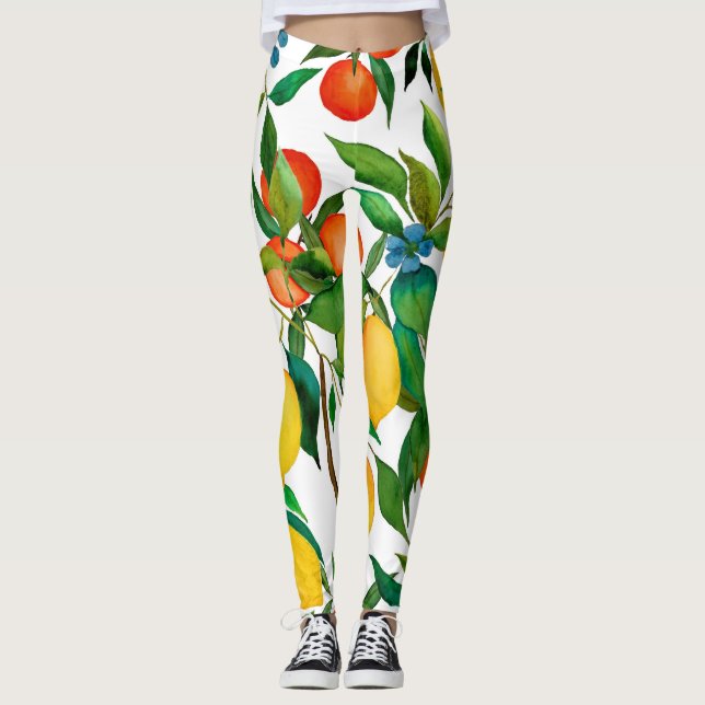 Citrus fruits, vibrant watercolor pattern. leggings (Front)