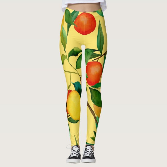 Citrus fruits, vibrant watercolor pattern. leggings (Front)