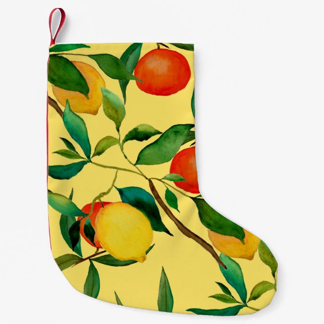 Citrus fruits, vibrant watercolor pattern. small christmas stocking (Front)