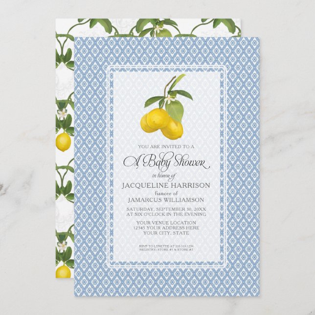 Citrus Garden Lemon Trellis Pattern Baby Shower  Invitation (Front/Back)