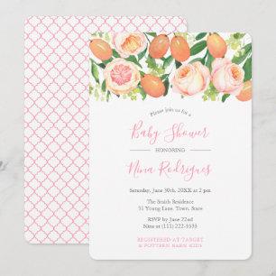 Citrus Garden Roses Quatrefoil Girl Baby Shower Invitation