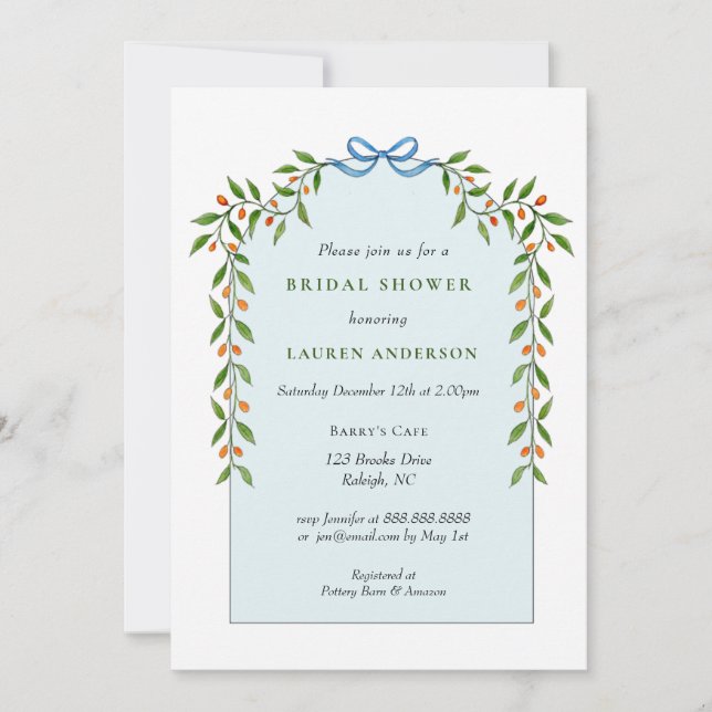 Citrus garland Arch Pale blue Bridal shower  Invitation (Front)