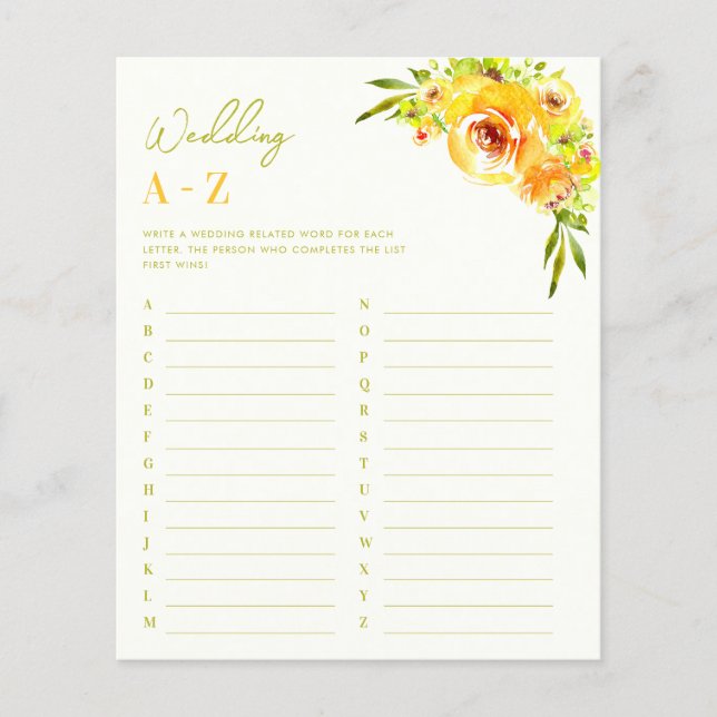 Citrus Green Floral Wedding A-Z Bridal Shower Game (Front)