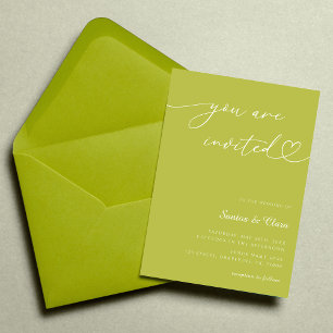 Citrus Green Heart Script 3 Photo Collage Wedding Invitation