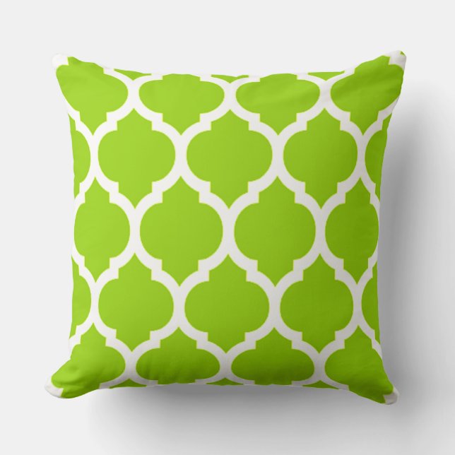 Citrus Green Moroccan Lattice Quatrefoil Pattern Cushion (Front)