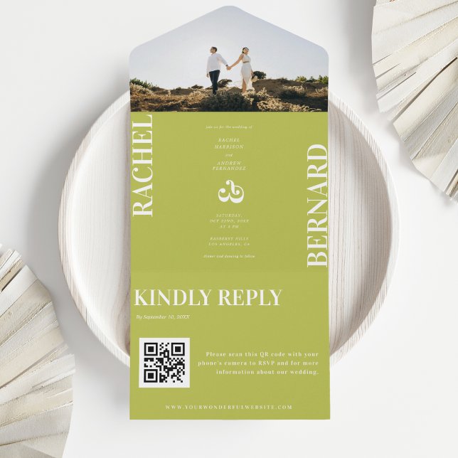 Citrus Green & White Typography QR Code Wedding   All In One Invitation (Creator Uploaded)