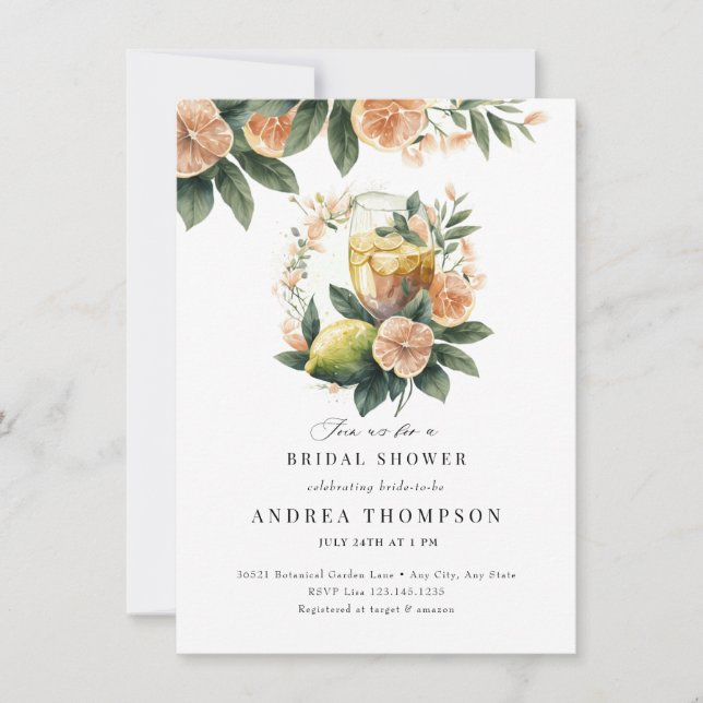 Citrus Greenery | Pink Floral Bridal Shower Invitation (Front)