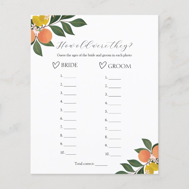 Citrus How Old Were They Bridal Shower Game  (Front)