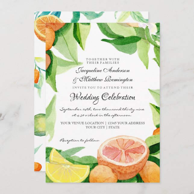 Citrus Kumquat Lemons Orange Greenery Watercolor Invitation (Front/Back)