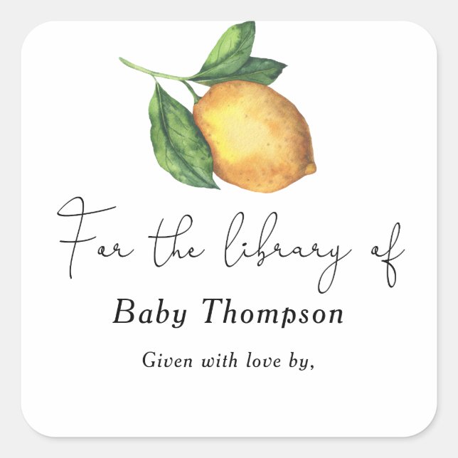 Citrus lemon - baby shower bookplate square sticker (Front)