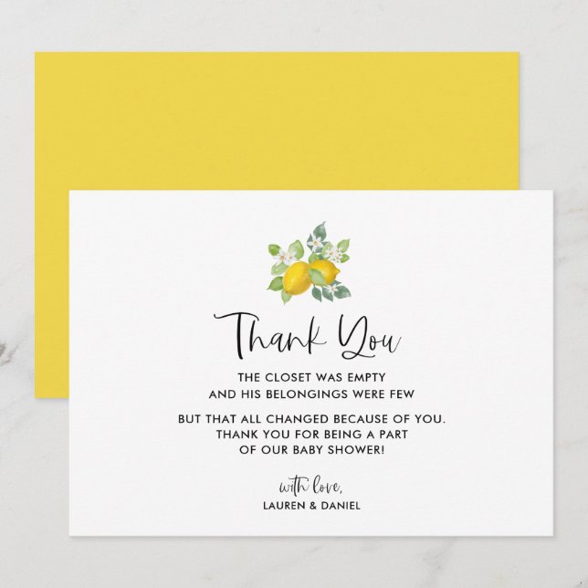 Citrus Lemon Baby Shower Thank You Cards (Front/Back)
