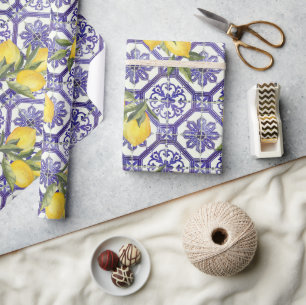 Citrus Lemon Blue Portuguese Tile Mediterranean Wrapping Paper