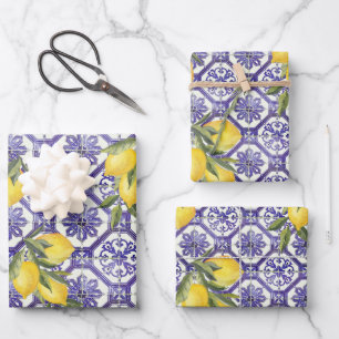 Citrus Lemon Blue Portuguese Tile Mediterranean Wrapping Paper Sheet