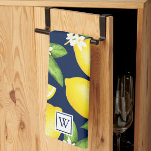 Citrus Lemon Botanical Monogram Navy Blue Tea Towel