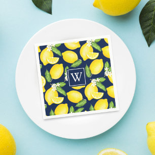 Citrus Lemon Botanical Navy Blue Monogram Napkin