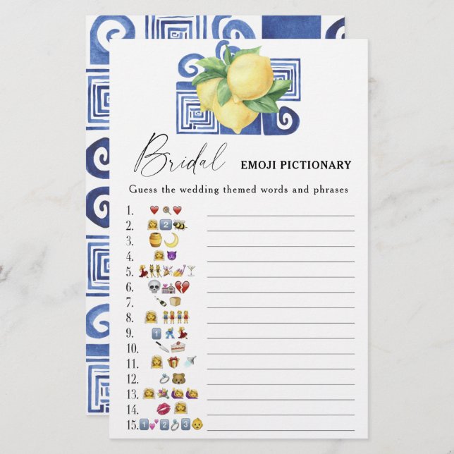 Citrus lemon - bridal shower emoji pictionary game (Front/Back)