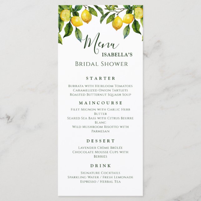 Citrus Lemon Bridal Shower  Menu (Front)