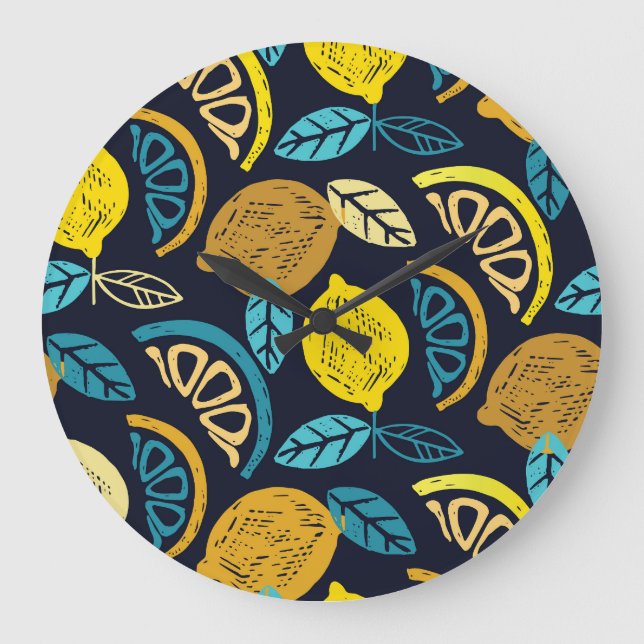 Citrus Lemon Doodle Pattern Background Large Clock (Front)