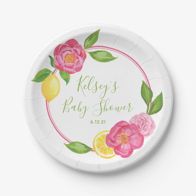 Citrus Lemon Floral Baby Shower Lemon Roses Paper  Plate (Front)