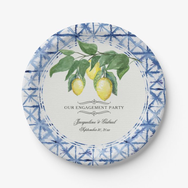 Citrus Lemon Floral Foliage Blue White Engagement Paper Plate (Front)