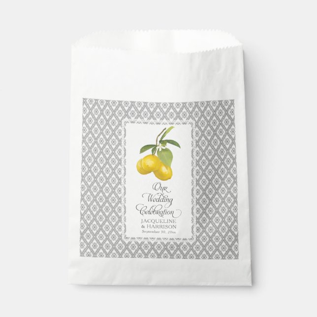 Citrus Lemon Flowers Yellow Grey White Wedding Favour Bags (Front)