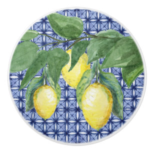 Citrus Lemon Foliage Watercolor Pattern Navy Blue Ceramic Knob