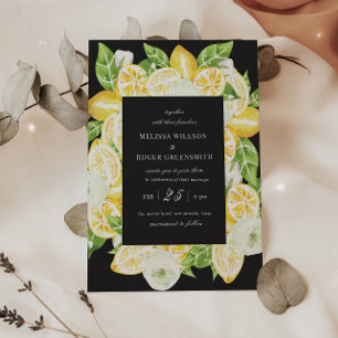 Citrus Lemon Fruit Black Wedding Invitation