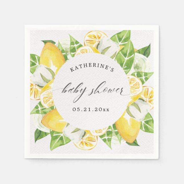 citrus lemon fruit flower baby shower monogram  napkin (Front)