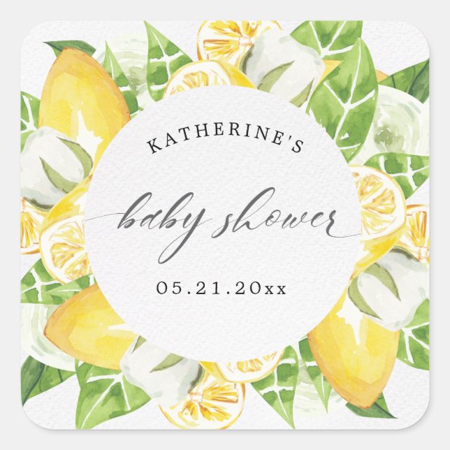 citrus lemon fruit flower baby shower monogram  square sticker (Front)