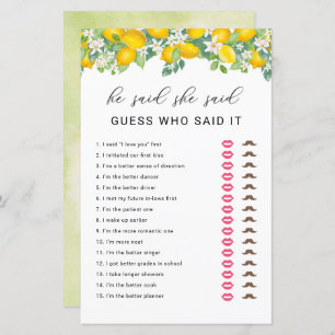 Citrus Lemon He Said She Said Bridal Shower Game