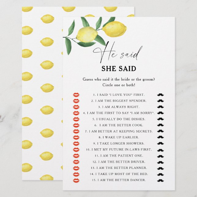 Citrus lemon - He said she said bridal shower game (Front/Back)