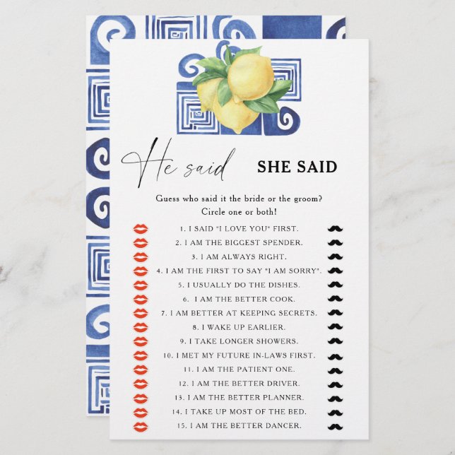 Citrus lemon - He said she said bridal shower game (Front/Back)