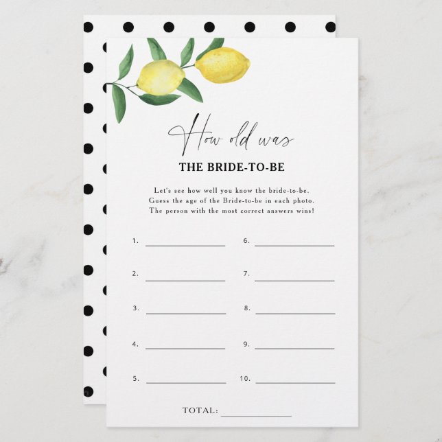 Citrus lemon - How old was the bride to be game (Front/Back)
