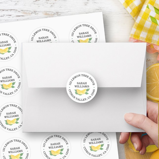 Citrus Lemon Name and Address Classic Round Sticker (Address label envelope seals  from my Citrus Lemon Baby Shower Collection)