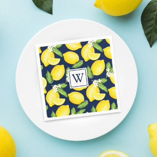 Citrus Lemon Navy Blue Monogram Napkins
