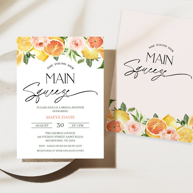 Citrus Lemon Orange Floral Bridal Shower Invitation (Citrus Bridal Shower Invitation She Found Her Main Squeeze Bridal Shower Invite Floral Orange Lemon)