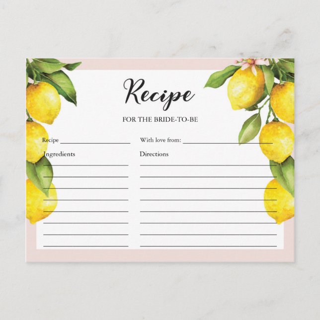 Citrus lemon summer bridal shower recipe card (Front)